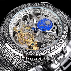 FORSINING Men Mechanical Watch Retro Vintage Luxury Large Dial Fashion Hollow Skeleton Automatic Self-winding Moon phase Luminous Stainless Steel Strap Watch