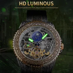 FORSINING Men Mechanical Watch Retro Vintage Luxury Large Dial Fashion Hollow Skeleton Automatic Self-winding Moon phase Luminous Stainless Steel Strap Watch