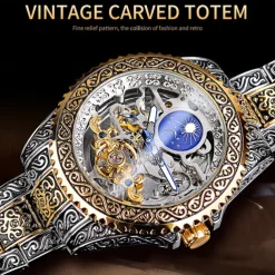 FORSINING Men Mechanical Watch Retro Vintage Luxury Large Dial Fashion Hollow Skeleton Automatic Self-winding Moon phase Luminous Stainless Steel Strap Watch