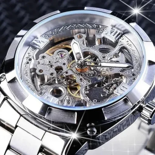 FORSINING Men Mechanical Watch Luxury Large Dial Fashion Business Hollow Skeleton Automatic Self-winding Luminous Waterproof Stainless Steel Watch