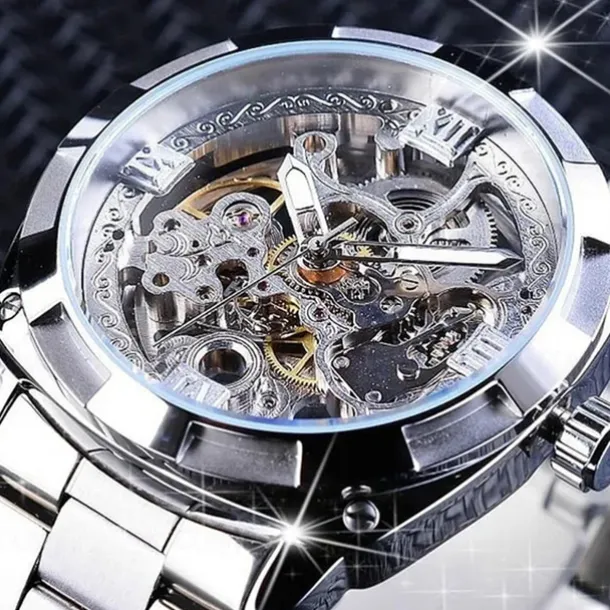 FORSINING Men Mechanical Watch Luxury Large Dial Fashion Business Hollow Skeleton Automatic Self-winding Luminous Waterproof Stainless Steel Watch