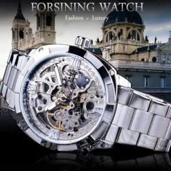 FORSINING Men Mechanical Watch Luxury Large Dial Fashion Business Hollow Skeleton Automatic Self-winding Luminous Waterproof Stainless Steel Watch