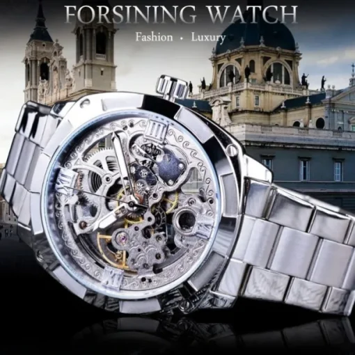 FORSINING Men Mechanical Watch Luxury Large Dial Fashion Business Hollow Skeleton Automatic Self-winding Luminous Waterproof Stainless Steel Watch