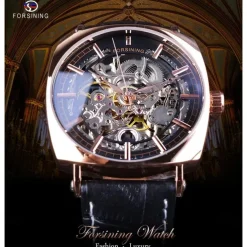FORSINING Men Mechanical Watch Large Dial Fashion Business Wristwatch Hollow Skeleton Automatic Self-winding Luminous Waterproof Alloy Leather Watch