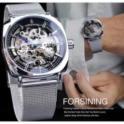 FORSINING Men Mechanical Watch Large Dial Fashion Business Wristwatch Hollow Skeleton Automatic Self-winding Luminous Waterproof Alloy Leather Watch