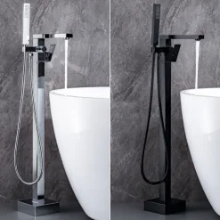 Freestanding Bathtub Faucet, 360° Swivel Spout Floor Mount Standing Tub Filler Single Handle Brass Tap with Hand Shower Sprayer