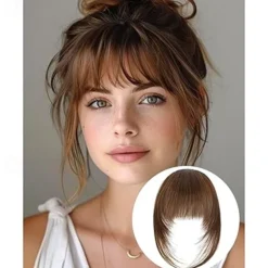 French Hair Bangs Clip on Long Wispy Bangs Hair Clip with Temples Natural Fringe Neat Bangs Hair Clip Hair Piece Long Bangs Clip in Hair Extensions for Women