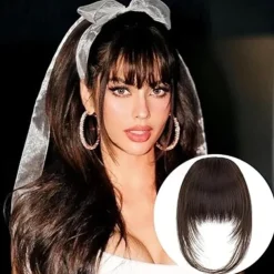 French Hair Bangs Clip on Long Wispy Bangs Hair Clip with Temples Natural Fringe Neat Bangs Hair Clip Hair Piece Long Bangs Clip in Hair Extensions for Women