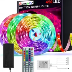 49.2ft LED RGB Light Strips 3x5m 5050 SMD 450 Leds Waterproof 10mm Fexible Strip Light Tape Color Changing with 44key IR Remote Controller Kit DC 12V