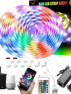32.8Ft 10M LED Light Strips LED WiFi Wireless RGB Tiktok Lights LED Smart Waterproof 5050 with 24 Keys Remote Control Flexible Tape Lights Fits AlexaGoogle Home and 12V Adapter