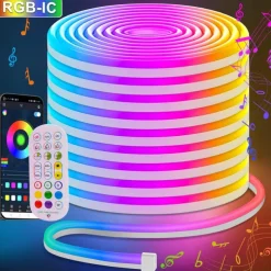 10ft/20ft Waterproof Neon Light Strip, Addressable RGB Rainbow Pixel Light with 2.4G APP Control Bar Synchronize Music Control to DIY LED Neon Sign Art Wall Decoration Lighting Including Power WS2811