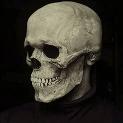Full Head Skull Mask with Moving Jaw,Adult Entire Head Realistic Latex Helmet,Skeleton Headgear Creepy Mask Realistic Cosplay Props