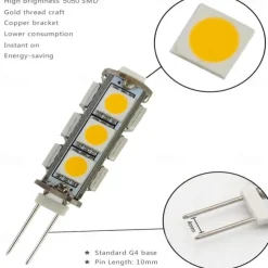 G4 Bi-pin LED Bulbs 13-5050 SMD 2W G4 LED Bulb 12V DC Bi-Pin Base Super Bright Interior Light Bulbs for RV Boat Light Cabinet Lights Landscape Lighting 10Pcs