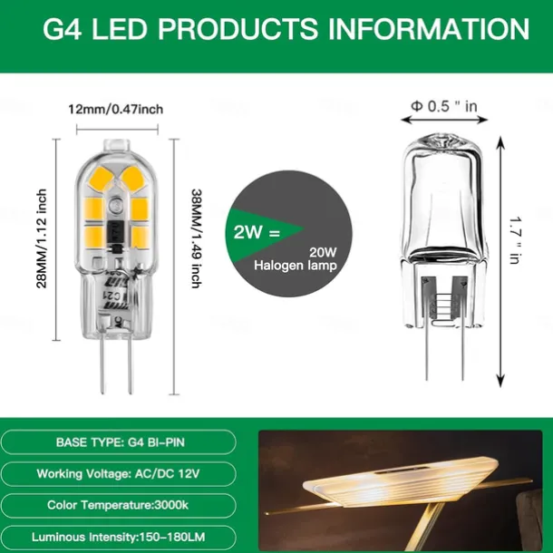 G4 LED Bulb AC/DC 12V G4 Bi-Pin Base Lights Dimmable G4 20W Halogen Bulb Replacement Warm White 3000K/ White 6000K Clear Cover 5Pack