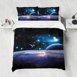Galaxy Starry Sky Planet 3-Piece Down Duvet Cover Set for Hotel Bedroom Guest Room Guestroom Bedding Comfortable Set