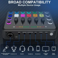 Gaming Audio Mixer Streaming 5-Channel RGB Mixer for Game Voice Podcast Live Broadcast