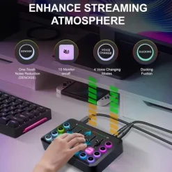 Gaming Audio Mixer Streaming 5-Channel RGB Mixer for Game Voice Podcast Live Broadcast