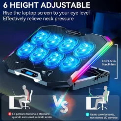Gaming Laptop Cooling Pad with 8 Cooling Fans Laptop Fan Cooler Pad for 15-17.3 Inch Cooler Stand with 6 Height Adjustable RGB Cooling Pad with Two USB Port & Phone Stand