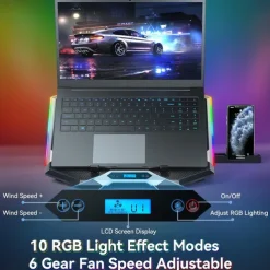 Gaming Laptop Cooling Pad with 8 Cooling Fans Laptop Fan Cooler Pad for 15-17.3 Inch Cooler Stand with 6 Height Adjustable RGB Cooling Pad with Two USB Port & Phone Stand