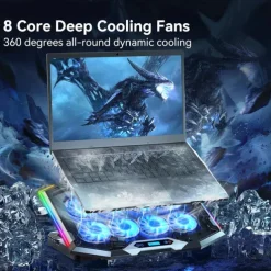 Gaming Laptop Cooling Pad with 8 Cooling Fans Laptop Fan Cooler Pad for 15-17.3 Inch Cooler Stand with 6 Height Adjustable RGB Cooling Pad with Two USB Port & Phone Stand