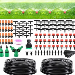 Garden Drip Irrigation Kit, Greenhouse Micro Automatic Drip Irrigation System Kit with 1/4 inch 1/2 inch Blank Distribution Tubing Hose Adjustable Patio Misting Nozzle Emitters Sprinkler