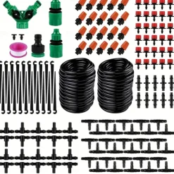 Garden Drip Irrigation Kit, Greenhouse Micro Automatic Drip Irrigation System Kit with 1/4 inch 1/2 inch Blank Distribution Tubing Hose Adjustable Patio Misting Nozzle Emitters Sprinkler