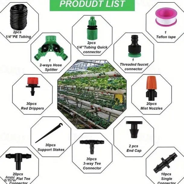 Garden Drip Irrigation Kit, Greenhouse Micro Automatic Drip Irrigation System Kit with 1/4 inch 1/2 inch Blank Distribution Tubing Hose Adjustable Patio Misting Nozzle Emitters Sprinkler