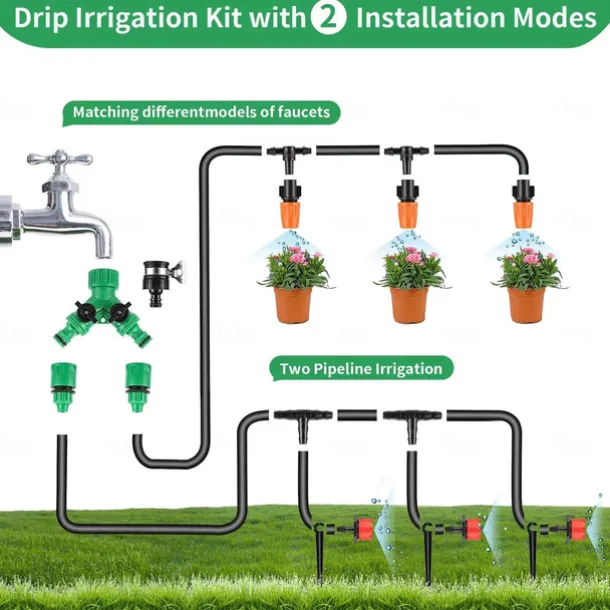Garden Drip Irrigation Kit, Greenhouse Micro Automatic Drip Irrigation System Kit with 1/4 inch 1/2 inch Blank Distribution Tubing Hose Adjustable Patio Misting Nozzle Emitters Sprinkler