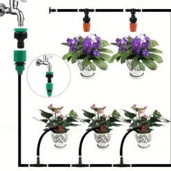 Garden Drip Irrigation Kit, Greenhouse Micro Automatic Drip Irrigation System Kit with 1/4 inch 1/2 inch Blank Distribution Tubing Hose Adjustable Patio Misting Nozzle Emitters Sprinkler