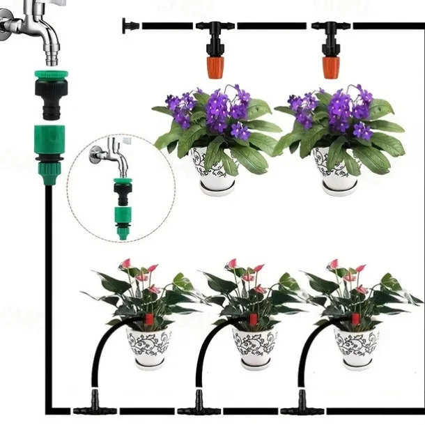 Garden Drip Irrigation Kit, Greenhouse Micro Automatic Drip Irrigation System Kit with 1/4 inch 1/2 inch Blank Distribution Tubing Hose Adjustable Patio Misting Nozzle Emitters Sprinkler