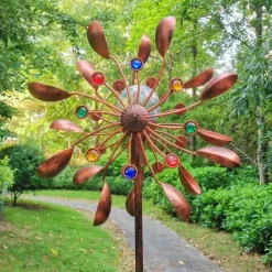 Garden Sunflower Solar LED Lights Glass Ball Bronze Iron Double-Sided Rotating Ornaments Windmill Yard Outdoor Decor