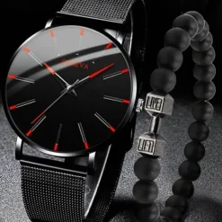 GENEVA Quartz Watch for Men Stylish Steampunk Casual Analog Quartz Wristwatch with Bracelet Set Waterproof PU Leather Watch