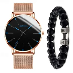 GENEVA Quartz Watch for Men Stylish Steampunk Casual Analog Quartz Wristwatch with Bracelet Set Waterproof PU Leather Watch