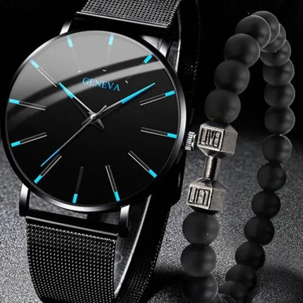 GENEVA Quartz Watch for Men Stylish Steampunk Casual Analog Quartz Wristwatch with Bracelet Set Waterproof PU Leather Watch