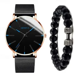 GENEVA Quartz Watch for Men Stylish Steampunk Casual Analog Quartz Wristwatch with Bracelet Set Waterproof PU Leather Watch