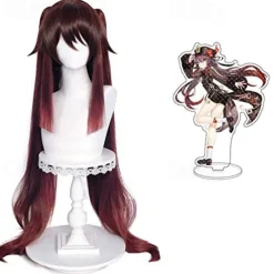 Genshin Impact Hutao Wig and Stand, Brown Pigtails Wig Game Cosplay s Anime Straight Hair for Party Halloween Wigs
