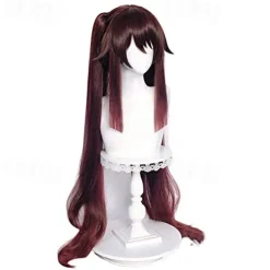 Genshin Impact Hutao Wig and Stand, Brown Pigtails Wig Game Cosplay s Anime Straight Hair for Party Halloween Wigs