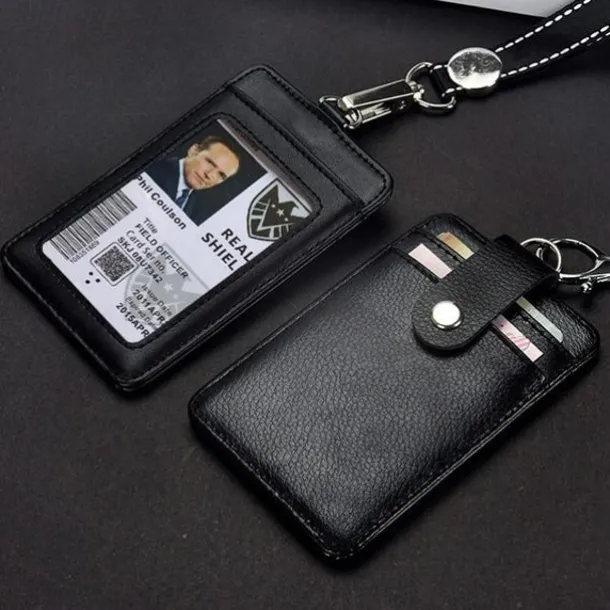 Genuine leather Business Work Card Holder Fashion ID Badge Holders with Nylon Lanyard ID case Office Supplies