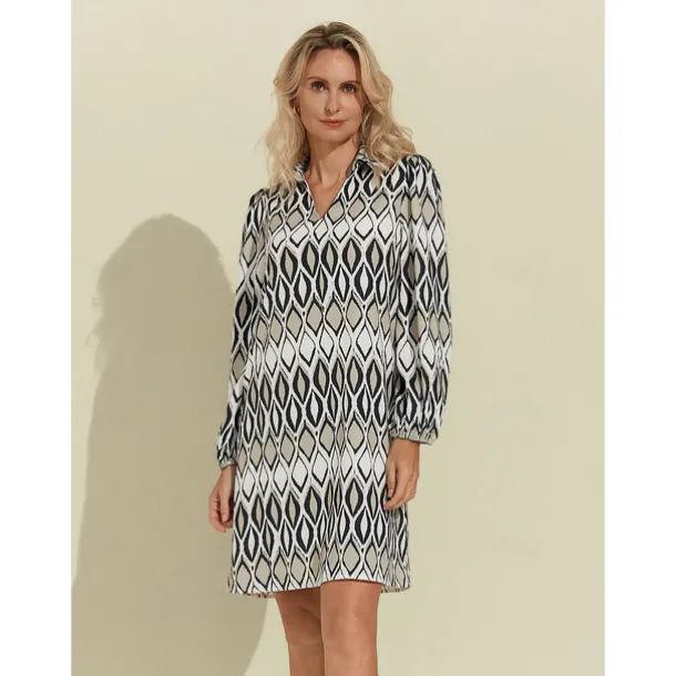 Geometric Long Sleeve Mini Shirt Dress