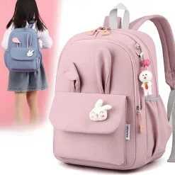 Girls Bunny Ear School Backpack with Cute Plush Keychain – Lightweight Waterproof Bookbag for Elementary and Middle School Students