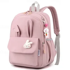Girls Bunny Ear School Backpack with Cute Plush Keychain – Lightweight Waterproof Bookbag for Elementary and Middle School Students