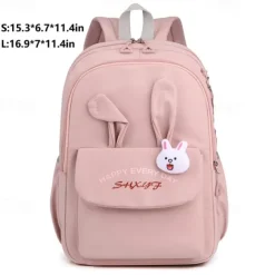 Girls Bunny Ear School Backpack with Cute Plush Keychain – Lightweight Waterproof Bookbag for Elementary and Middle School Students