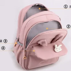 Girls Bunny Ear School Backpack with Cute Plush Keychain – Lightweight Waterproof Bookbag for Elementary and Middle School Students