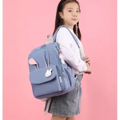 Girls Bunny Ear School Backpack with Cute Plush Keychain – Lightweight Waterproof Bookbag for Elementary and Middle School Students