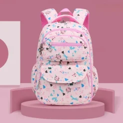 Girls' Cute Printed School Backpack with Heart Zipper Charm, Lightweight Waterproof Multi-Pocket Bookbag for Elementary and Middle School Students, Available in Pink, Purple, Blue, and Beige