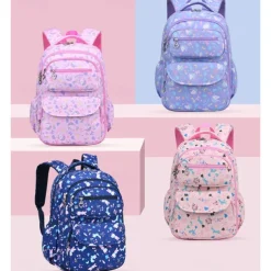 Girls' Cute Printed School Backpack with Heart Zipper Charm, Lightweight Waterproof Multi-Pocket Bookbag for Elementary and Middle School Students, Available in Pink, Purple, Blue, and Beige