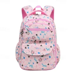 Girls' Cute Printed School Backpack with Heart Zipper Charm, Lightweight Waterproof Multi-Pocket Bookbag for Elementary and Middle School Students, Available in Pink, Purple, Blue, and Beige