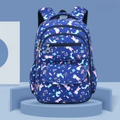 Girls' Cute Printed School Backpack with Heart Zipper Charm, Lightweight Waterproof Multi-Pocket Bookbag for Elementary and Middle School Students, Available in Pink, Purple, Blue, and Beige