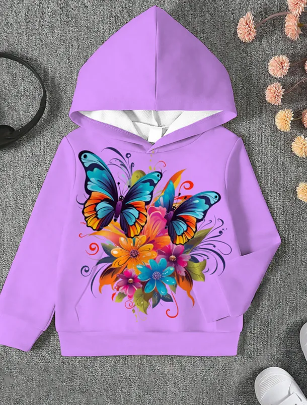 Girls' 3D Animal Butterfly Hoodie Long Sleeve 3D Print Fall Winter Active Sports Fashion Kids 3-12 Years Outdoor Daily Indoor Regular Fit