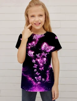 Girls' 3D Animal Butterfly T shirt Short Sleeve 3D Print Summer Spring Active Fashion Cute Kids 3-12 Years Outdoor Daily Indoor Regular Fit